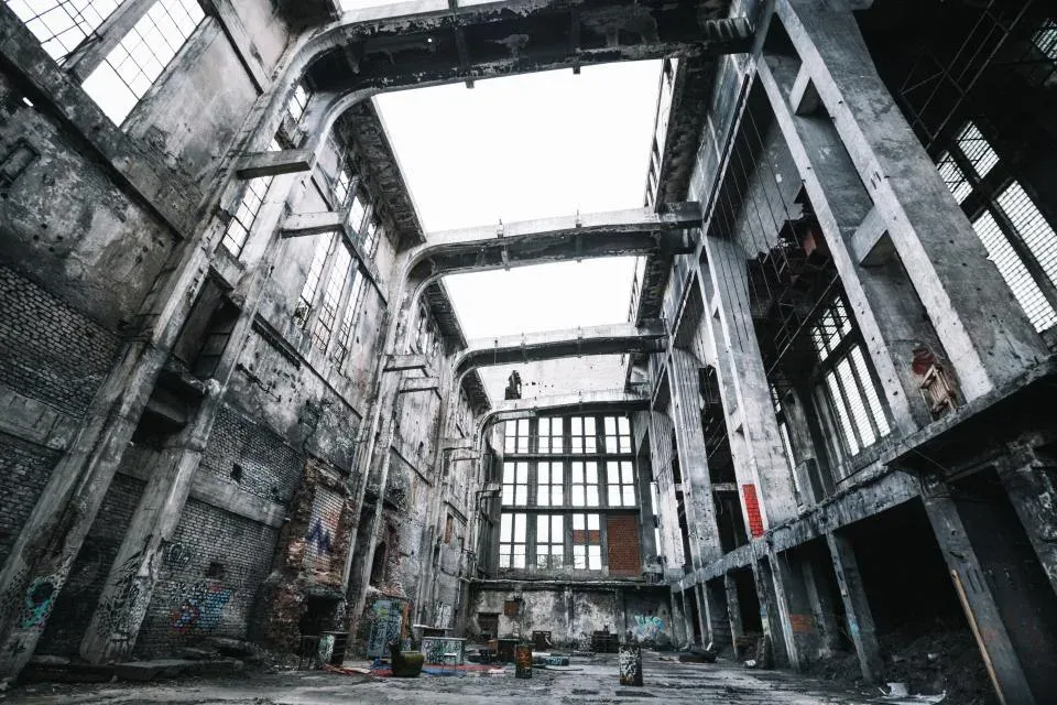 Large industrial hall with steel frame and skylights