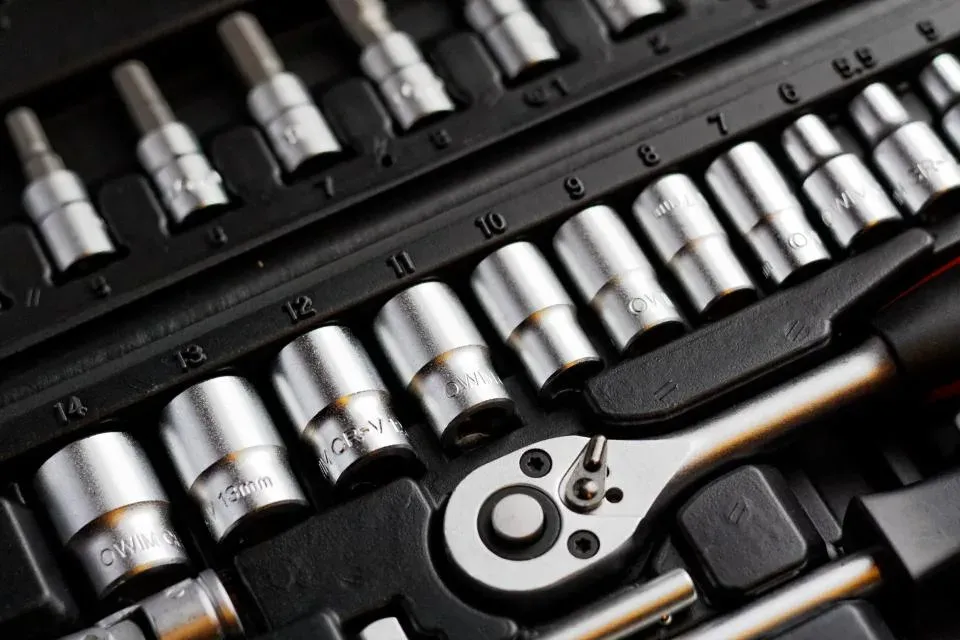 Socket set laid out in a tool case